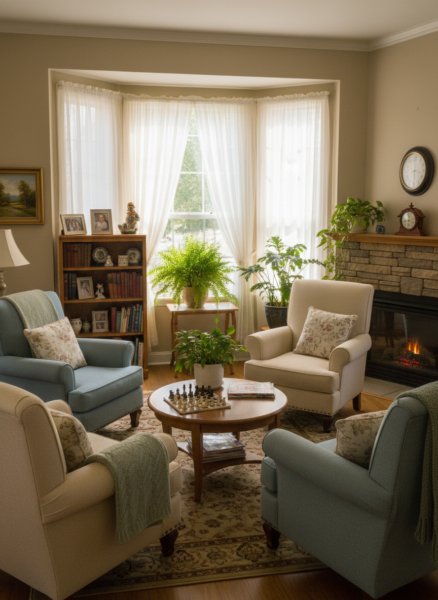 Cozy living room in a small residential senior care home, 4-6 bed scale, soft natural light, comfortable armchairs, small bookshelf, plants, warm and inviting, authentic photo