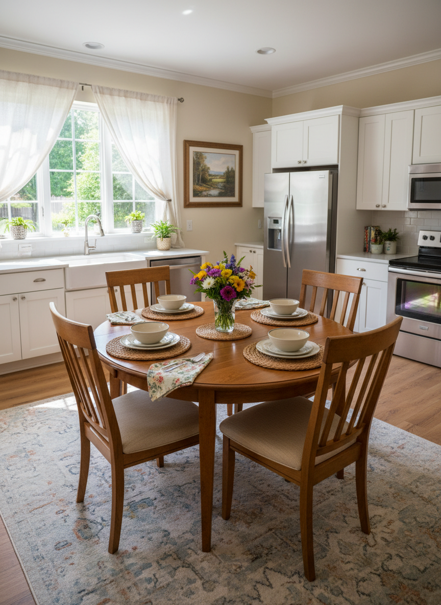 Bright kitchen and dining area in a small 4-6 bed residential senior care home, wooden table set for a few residents, natural light, homelike and comforting, authentic photo